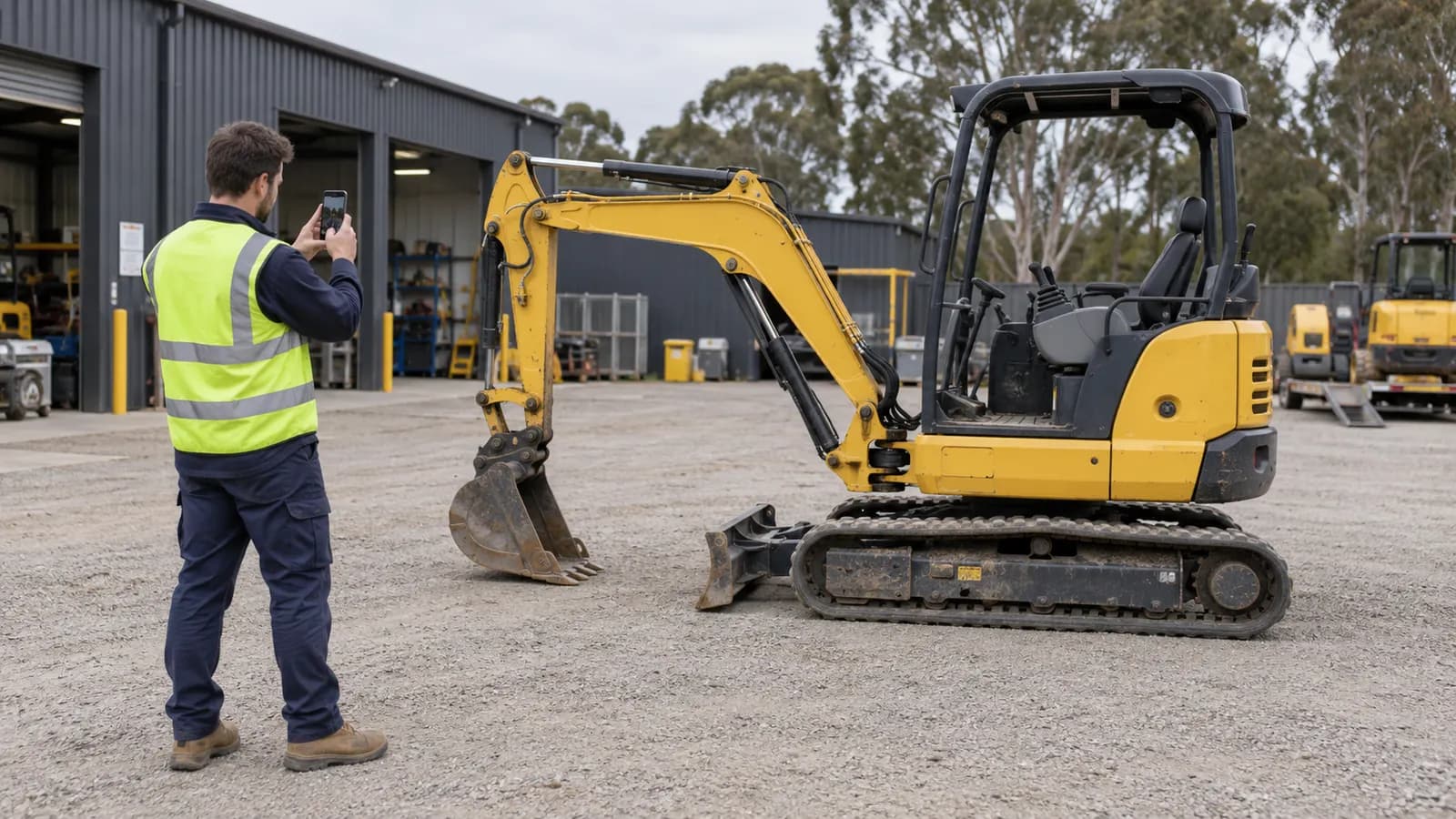 A yard hand in a hi-vis vest photographing a yellow mini excavator with a phone, outside a grey equipment shed.
