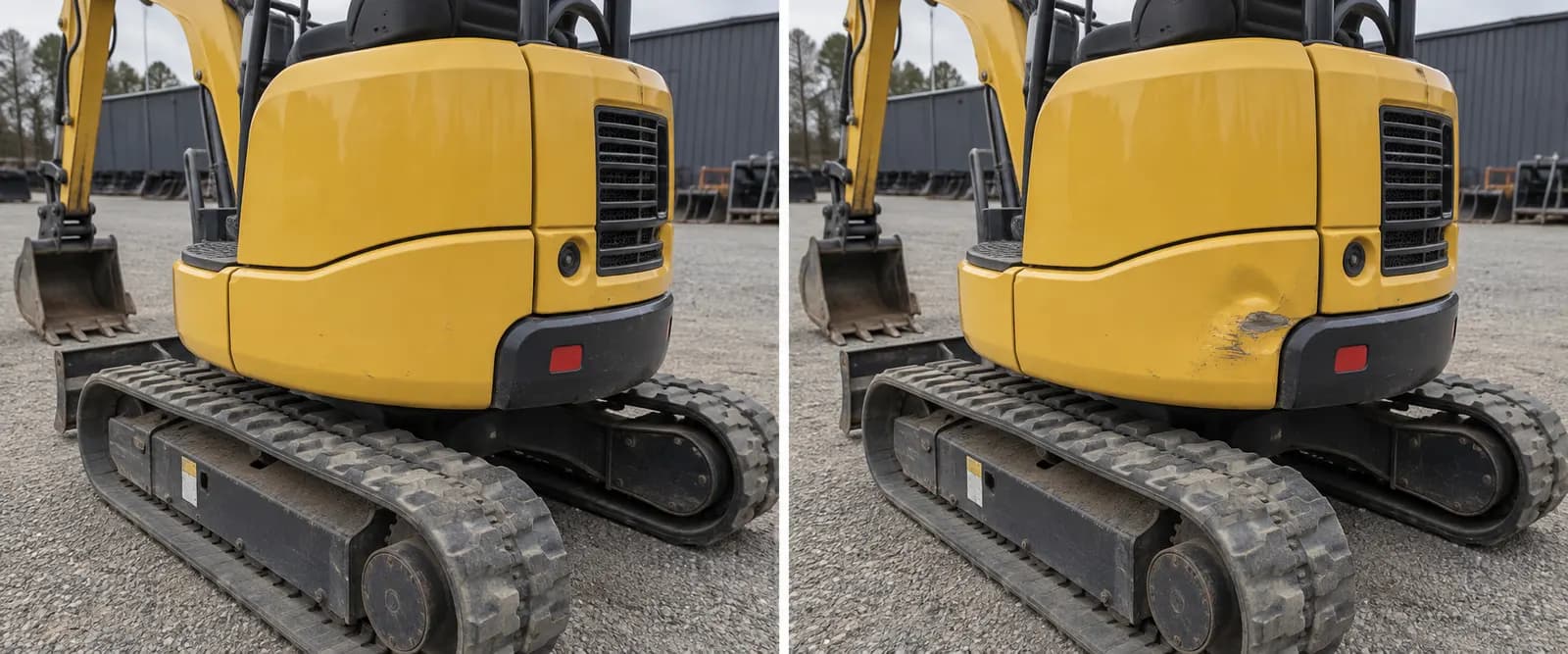 The rear of the mini excavator photographed twice: the panel straight at pickup on the left, dented at return on the right.