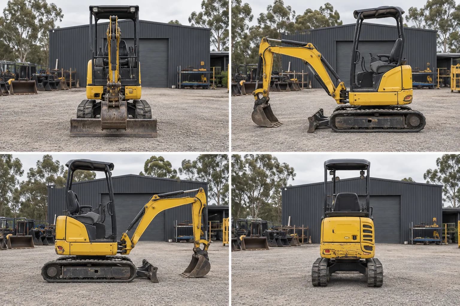 Four photographs of the same mini excavator: from the front, from each side and from the rear.