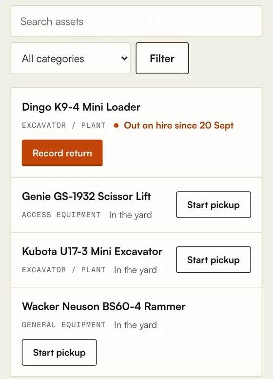 The asset list on a phone: one machine out on hire, three in the yard, each showing the one action its state allows.