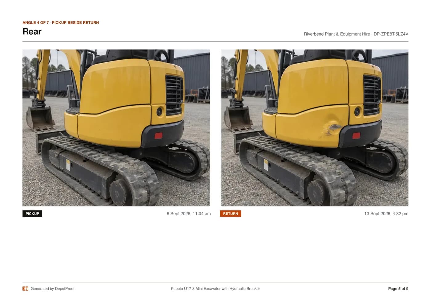 A page from a finished report: the same angle of an excavator photographed at pickup on the left and at return on the right, each stamped with its own date and time.