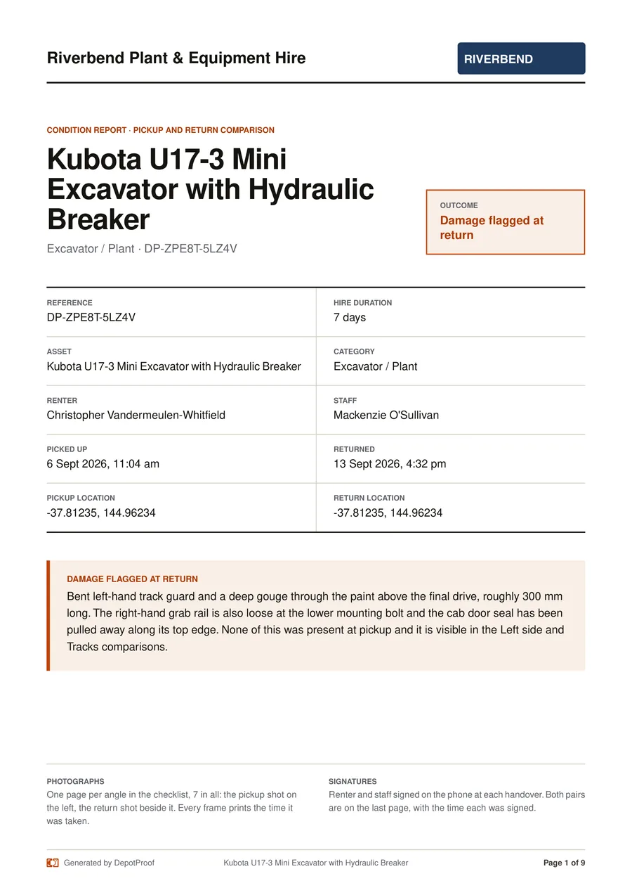 Page one of a generated condition report, showing the reference, hire duration, asset, category, renter, staff member, both timestamps, both locations and the damage noted at return.
